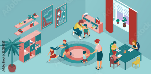 Vector of a day care center, kindergarten with teachers and children playing
