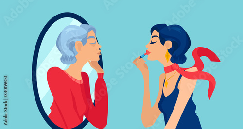 Vector of a beautiful young woman looking in the mirror with an aging reflection of herself looking back
