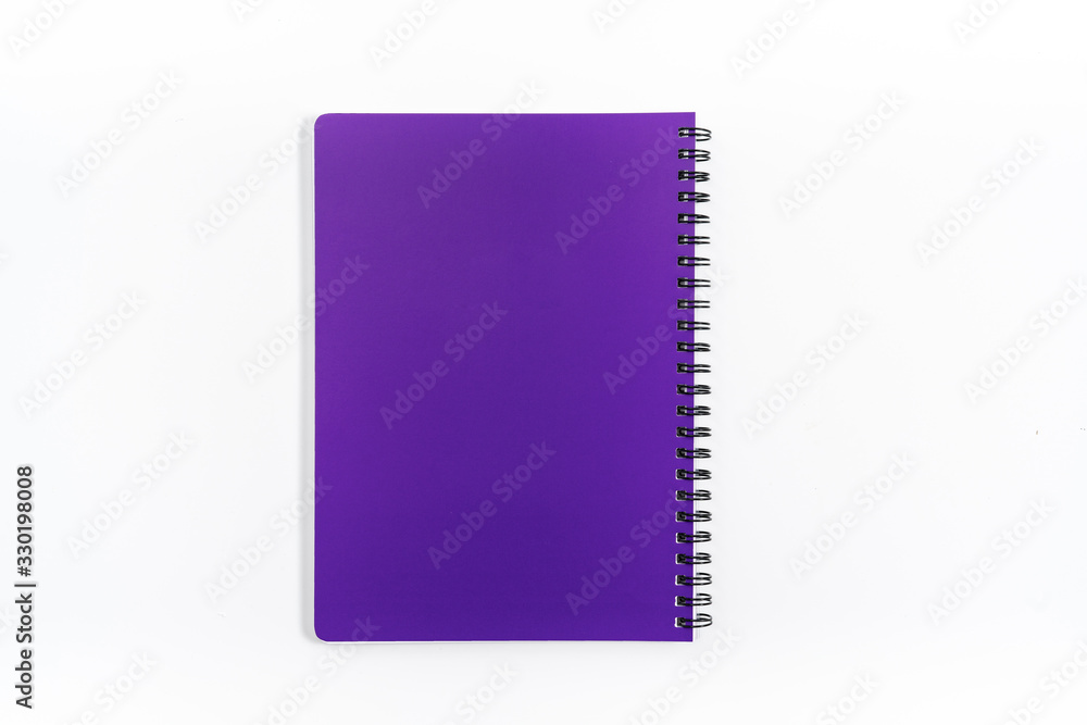 Business concept - Top view collection of spiral kraft notebook front, purple And white open page isolated on background for mockup