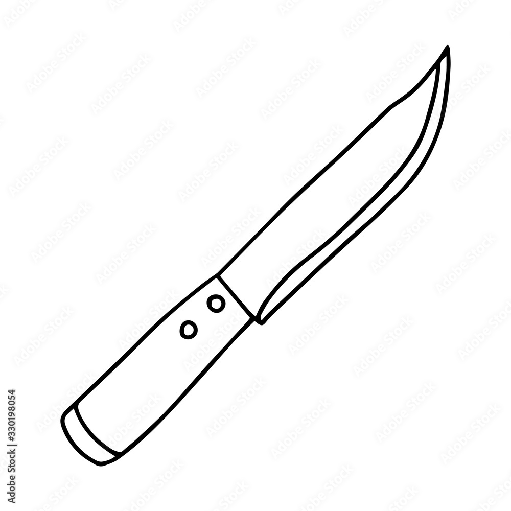 Penknife, hunting knife with a sharp blade. Steel arms. Pricking and cutting subject. Black and white vector illustration. Drawn by hand, isolated on a white background Penknife, hunting knife with a sharp blade. Steel arms. Pricking and cutting subject. Black and white vector illustration. Drawn by hand, isolated on a white background