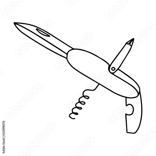 Swiss knife. equipment for hiking and tourism. Universal tool with opener, corkscrew and screwdriver. Black and white vector illustration in doodle style. Drawn by hand, isolated on a white background