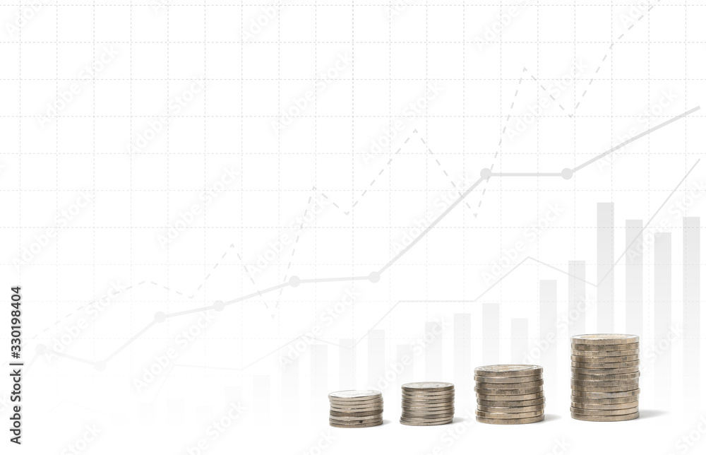 Rows of coins on white background with financial graph, double exposure, with copy space, money concept Rows of coins on white background with financial graph, double exposure, with copy space, money concept