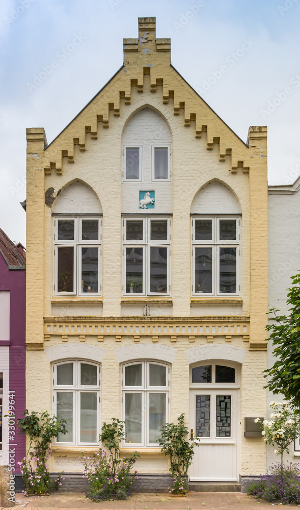 Facade of a historic house in Friedrichstadt, Germany