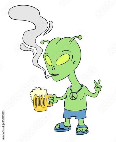 Funny alien smoking and with beer
