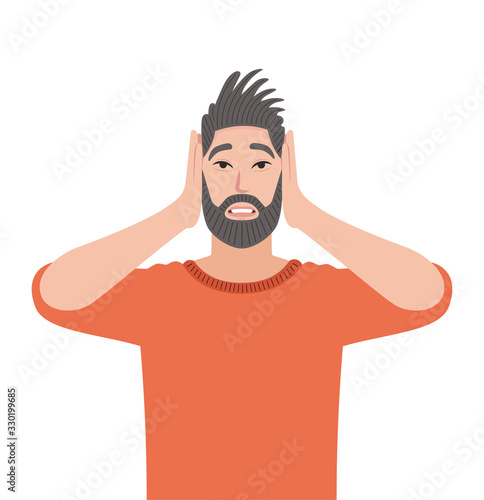 Man with shocked expression, Man feared expression, Amazed expression, Upset, Blow, Disturbance, Oh my god!  Man holding hands on head. Vector illustration in cartoon style.