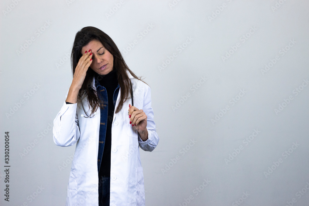 Portrait of sad caucasian middle age woman model covered her face with her hands. Pharmacist, beauty therapist, doctor, veterinarian, scientist, optometrist, isolated on gray background studio shot, i Portrait of sad caucasian middle age woman model covered her face with her hands. Pharmacist, beauty therapist, doctor, veterinarian, scientist, optometrist, isolated on gray background studio shot, i