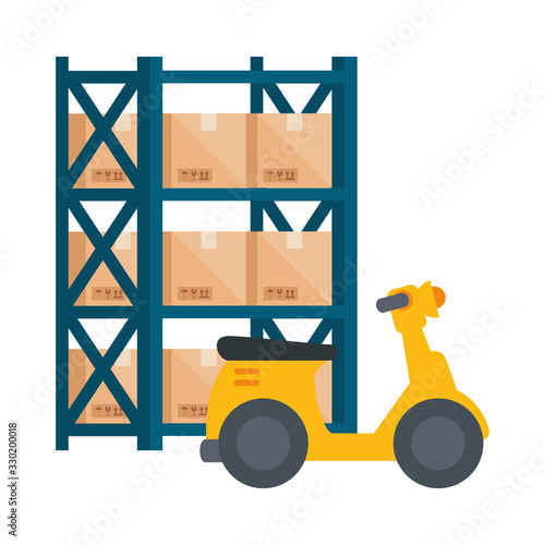 warehouse metal shelving with boxes and scooter vector illustration design