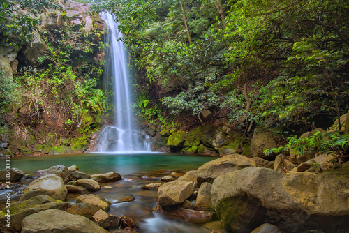 waterfall and pool surrounded by vegetation in a small canyon