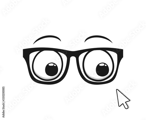 Design of eyes with glasses looking a arrow