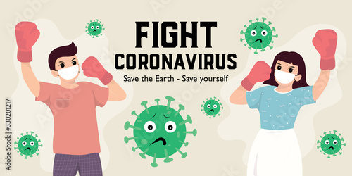 Illustration people wearing face masks fight covid-19 coronavirus