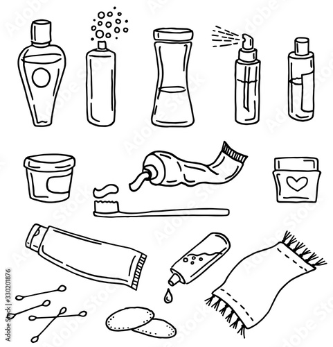Morning and evening cleansing routine, set of bottles with cosmetics, hand drawn vector illustration