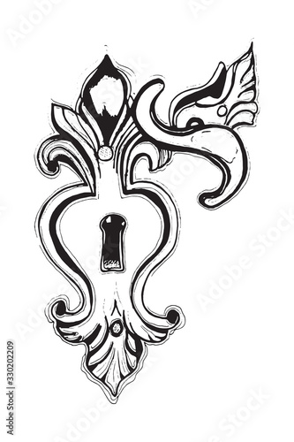 Hand drawn vector illustration with keyhole in black and white isolated on white background. Stock vector illustration in sketch style