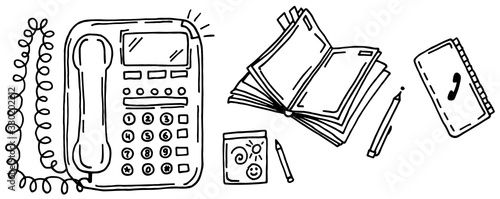 Phone, phone-book and notebook, hand drawn vector illustration, cartoon style