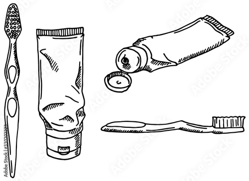 Pair of tooth paste and brushes, cartoon style hand drawn vector illustration