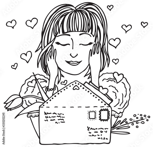 Happy girl receives love letter, cartoon style, hand drawn vector illustration