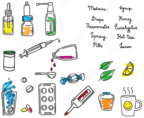 Medicinal supplies, set of bottles and medicines for illustrating illness, color hand drawn vector illustration
