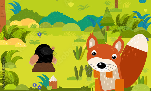 cartoon scene with different european animals in the forest illustration