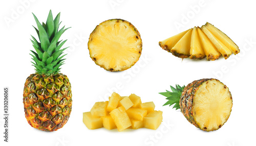 Pineapple collection: whole ripe fruit, half, cross section, slices and chunks. Set isolated on white background.  