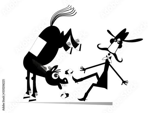 Cartoon rider and a balky horse isolated illustration. Funny horse kicks a confused long mustache man or cowboy black on white 
