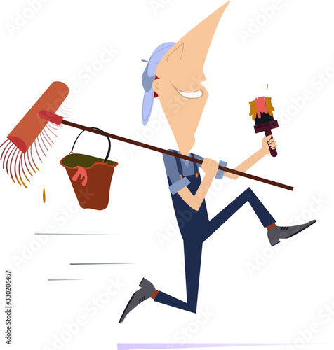 Cartoon running painter illustration.  Hurry painter holds a brush and a bucket of paint isolated on white  