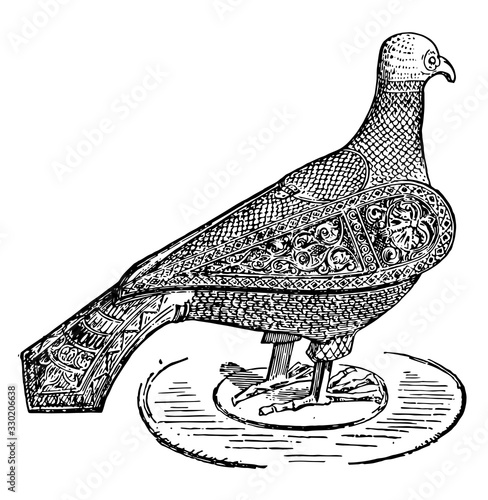 Columba is a metal bird, vintage engraving.