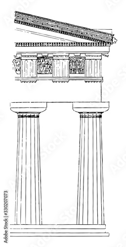 Doric Order, temple,  vintage engraving.