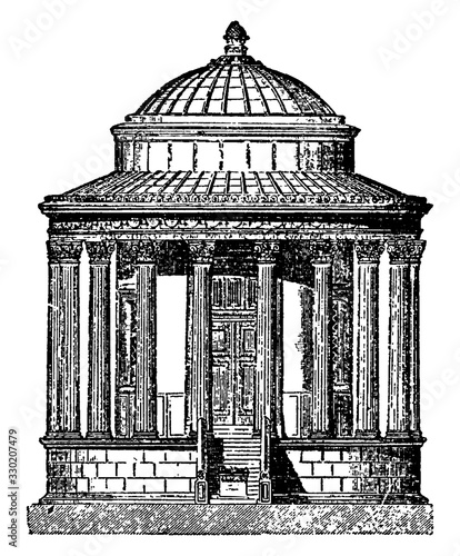 Tivoli, a round temple at Tivoli,  vintage engraving.