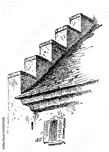 Corbel Steps, building method,  vintage engraving.