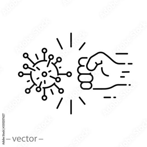 fist kick by bacteria icon, protect on virus, conquer infection disease, resistance antimicrobial, thin line web symbol on white background - editable stroke vector illustration eps10
