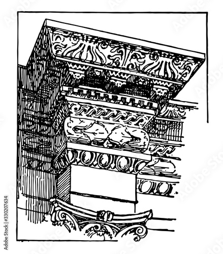 Palace of Diocletian Detail, time,  vintage engraving.