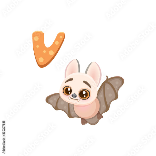 Vector illustration of cute little vampire bat, flittermouse, rearmouse, flyer, flier mascot, icon of cartoon flying squirrel halloween eps 10 mascot isolated on white letter V