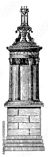 Choragic Monument of Lysicrates, near the Acropolis of Athens, vintage engraving.