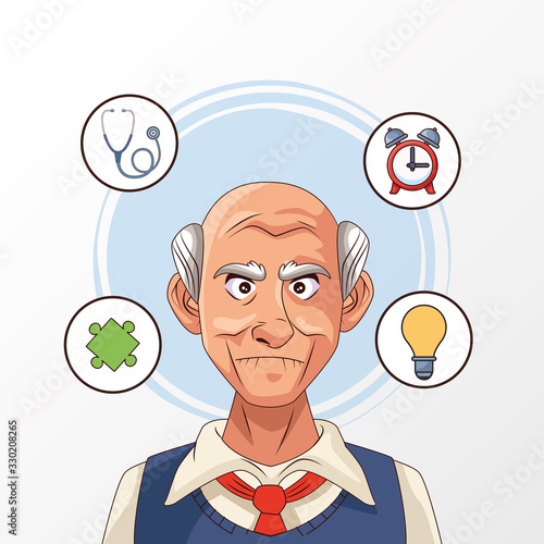 old man patient of alzheimer disease with set icons