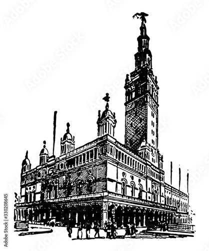 Madison Square Garden is a architecture building in New York, vintage engraving.