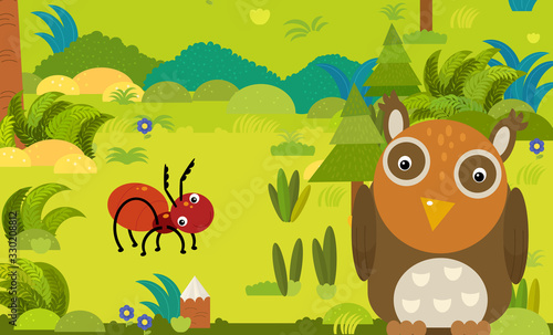 cartoon scene with different european animals in the forest illustration