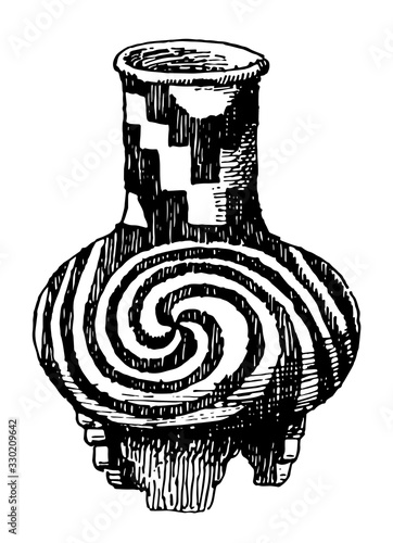 Mexican Jar with Spirals design sketched in the American Museum of Natural History in New York, vintage engraving. photo