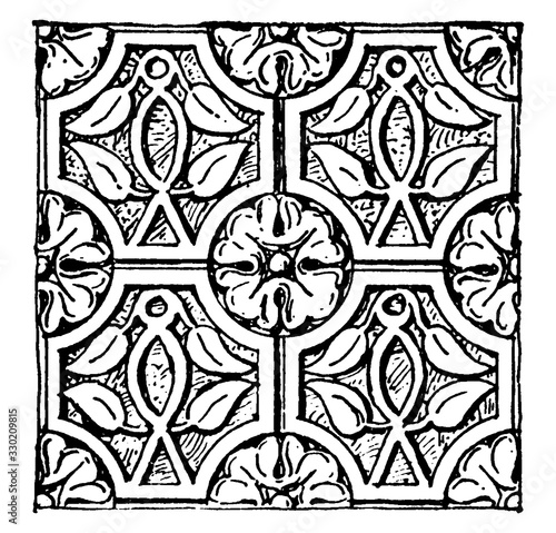 Syrian Carving Christian ornament from Tourmanin, vintage engraving.