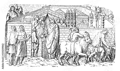 Relief of Trajan Column was originally surmounted by a colossal statue of Trajan, vintage engraving.
