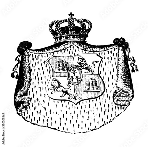 Spanish Coat of Arms symbolizes the country and the nation, vintage engraving.
