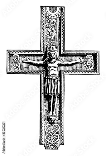 Crucifix is a cross with an effigy, vintage engraving.