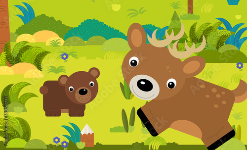 cartoon scene with different european animals in the forest illustration