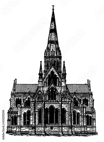 Gothic Architecture - Salisbury Cathedral, architecture building, vintage engraving.