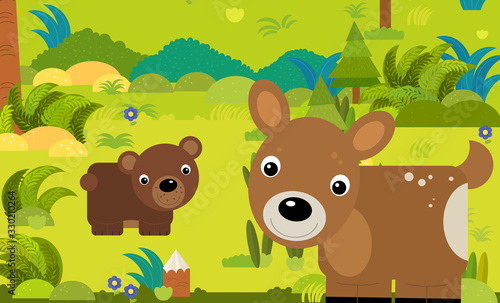 cartoon scene with different european animals in the forest illustration