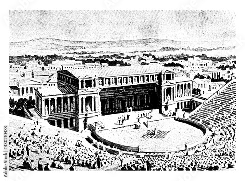 Greek Theatre, Athens, vintage engraving.