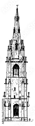 Spire, highest level,  vintage engraving.