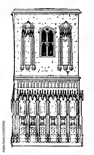 Canopy is  projecting moulding, surrounds the arches, vintage engraving.