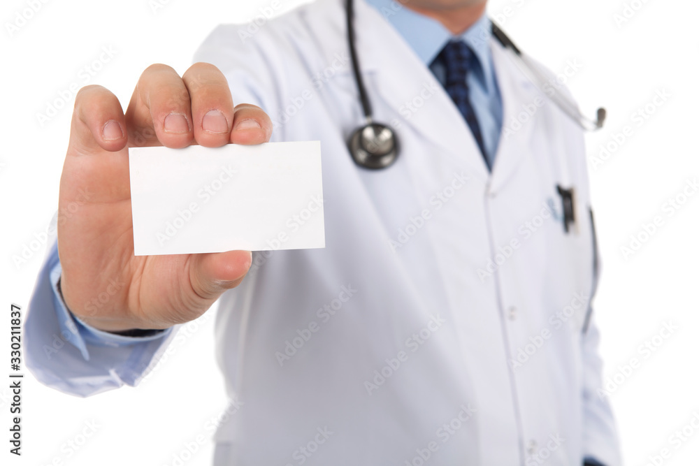 Gray haired doctor holding white card Gray haired doctor holding white card