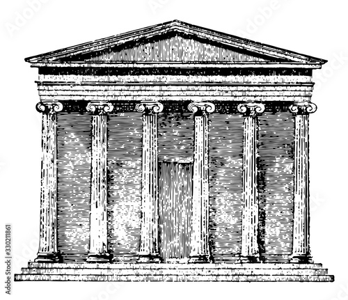 Ionic Hexa-prostyle, Elevation, a porch leading, vintage engraving.