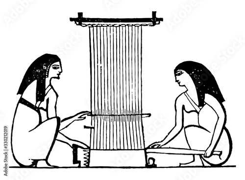 Egyptian Weaving, The use of the spindle and loom or sewing and braiding, vintage engraving.