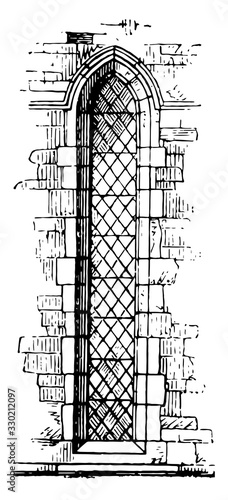 Early English window, spires,  vintage engraving.